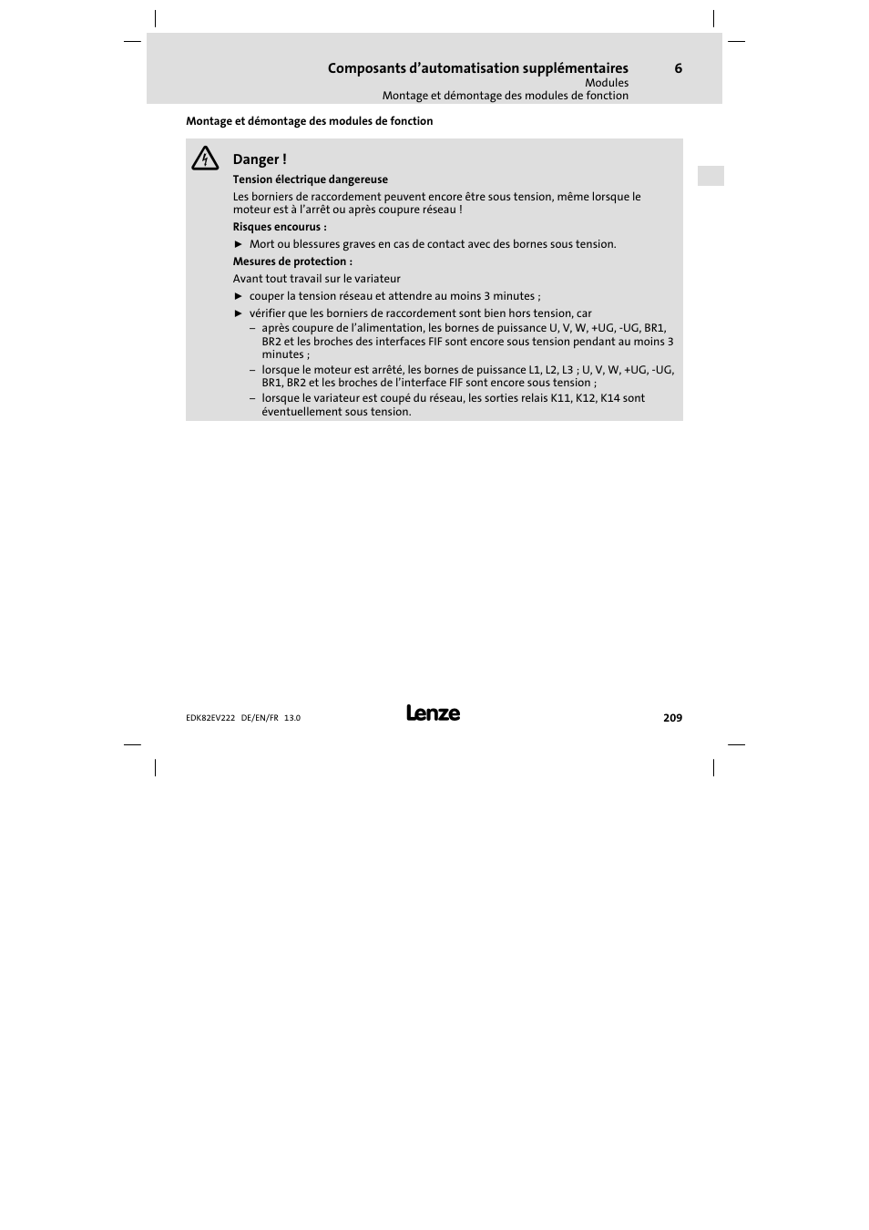 Montage et démontage des modules de fonction | Lenze E82EV 8200 vector 0.25kW-2.2kW User Manual | Page 209 / 250