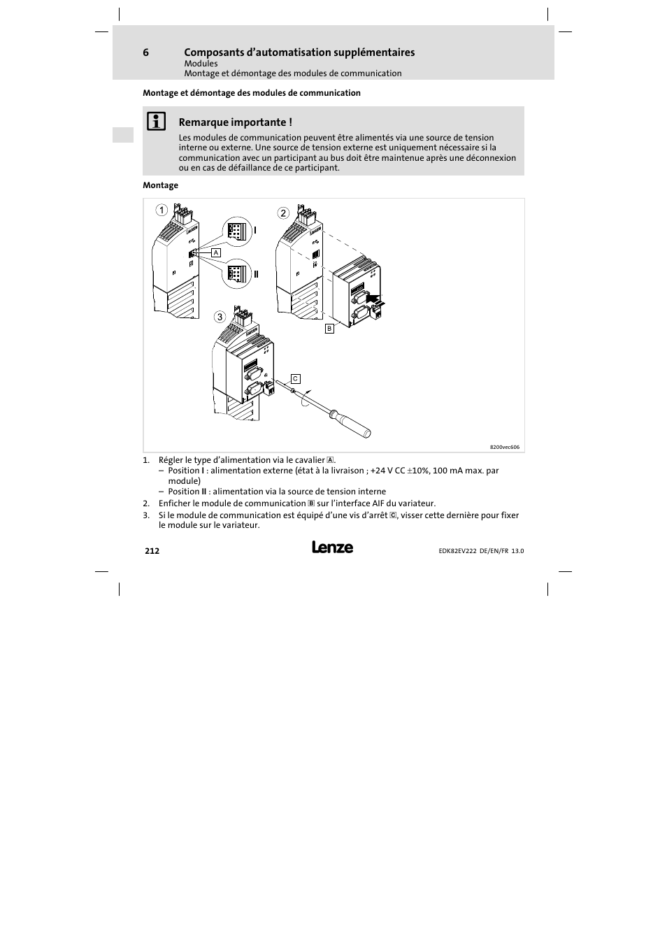 Montage et démontage des modules de communication | Lenze E82EV 8200 vector 0.25kW-2.2kW User Manual | Page 212 / 250