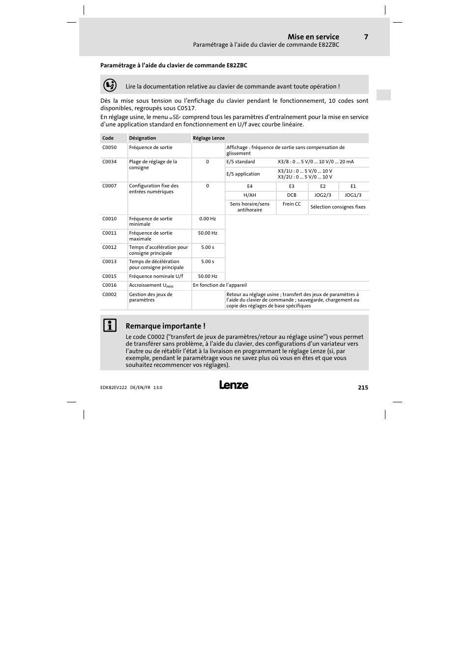 Paramétrage à l'aide du clavier de commande e82zbc, Paramétrage à l’aide du clavier de commande e82zbc, Mise en service | Remarque importante | Lenze E82EV 8200 vector 0.25kW-2.2kW User Manual | Page 215 / 250