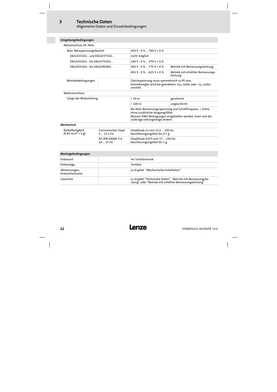 Technische daten | Lenze E82EV 8200 vector 0.25kW-2.2kW User Manual | Page 22 / 250