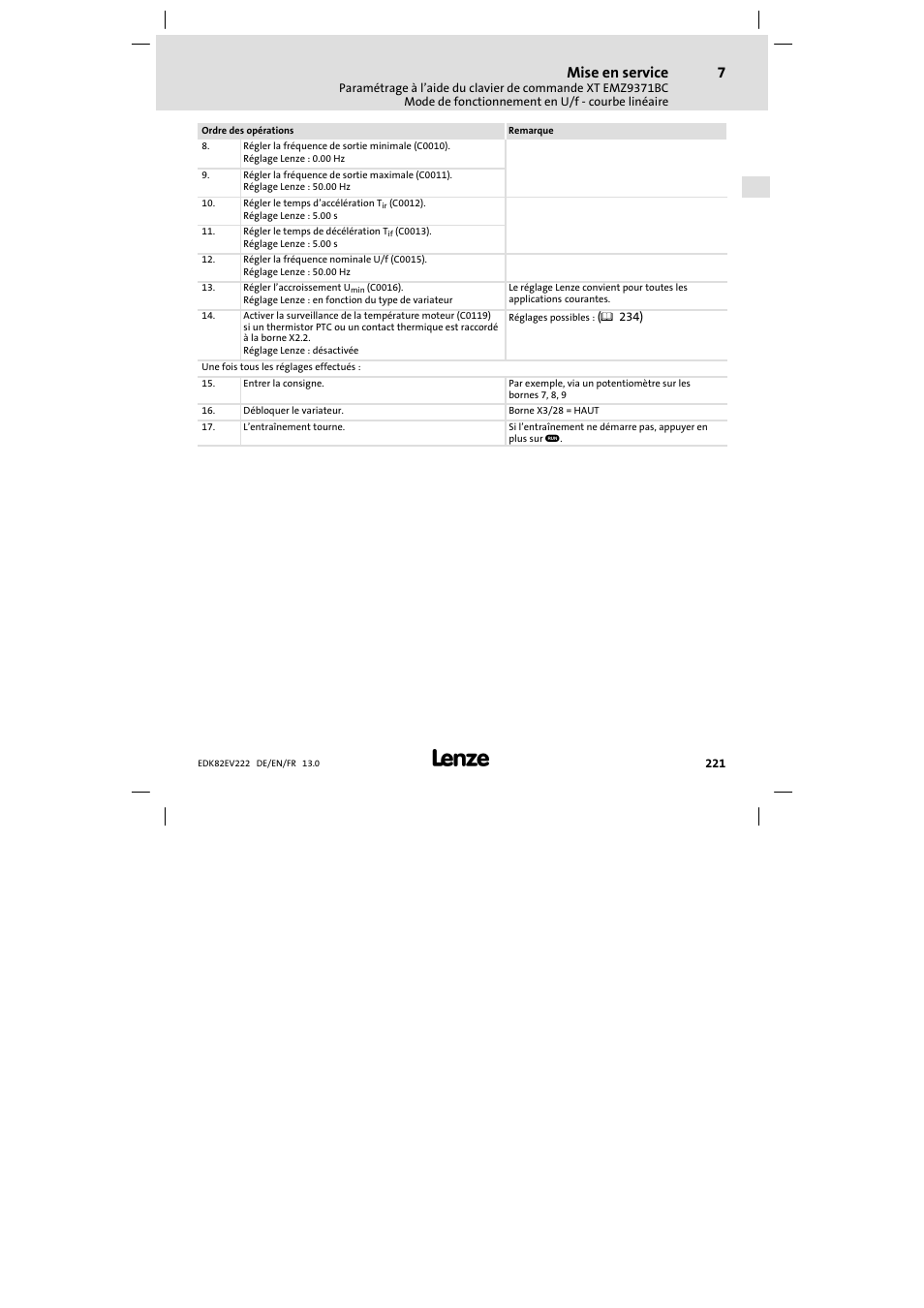 Mise en service | Lenze E82EV 8200 vector 0.25kW-2.2kW User Manual | Page 221 / 250