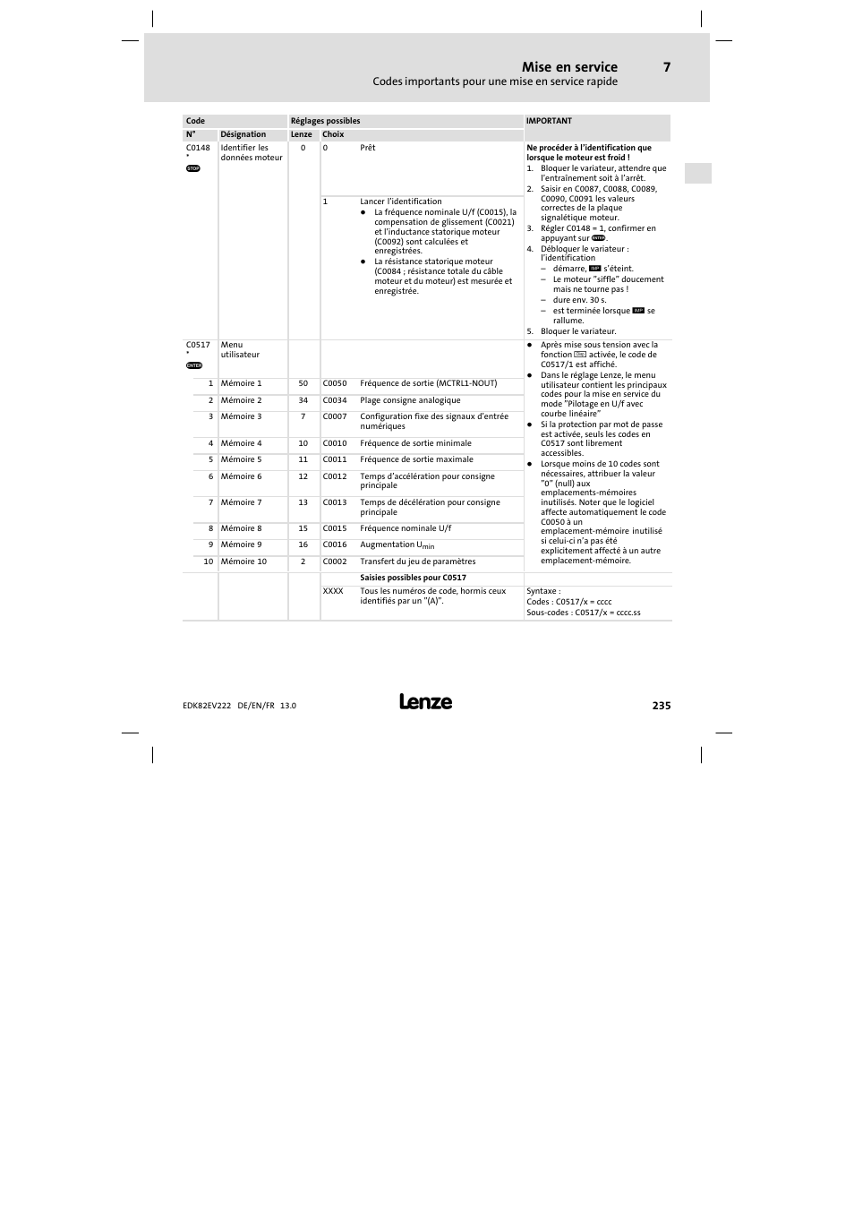 Mise en service | Lenze E82EV 8200 vector 0.25kW-2.2kW User Manual | Page 235 / 250