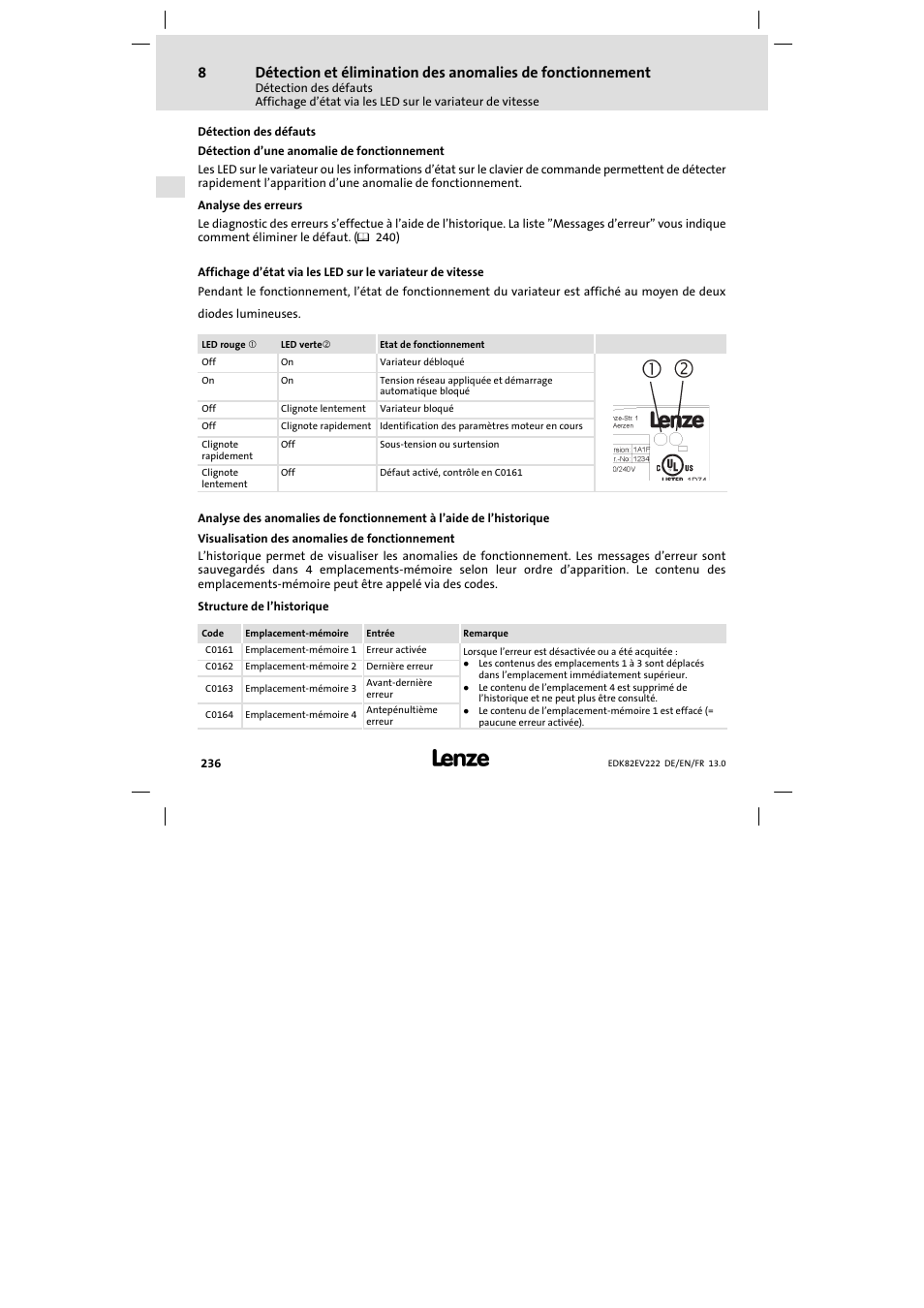 Détection des défauts | Lenze E82EV 8200 vector 0.25kW-2.2kW User Manual | Page 236 / 250