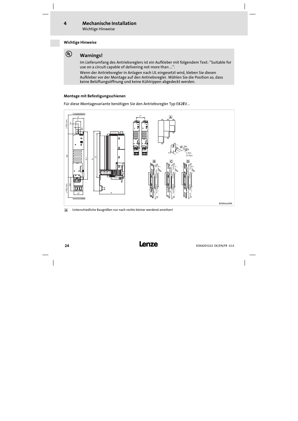Mechanische installation, Wichtige hinweise, Montage mit befestigungsschienen | Warnings | Lenze E82EV 8200 vector 0.25kW-2.2kW User Manual | Page 24 / 250