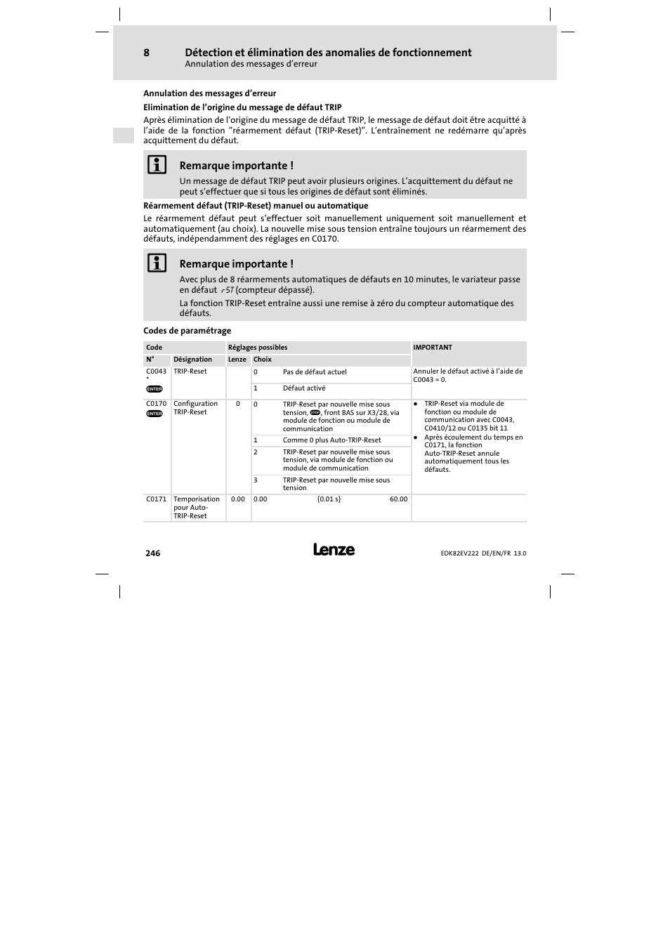 Annulation des messages d'erreur, Annulation des messages d’erreur, Remarque importante | Lenze E82EV 8200 vector 0.25kW-2.2kW User Manual | Page 246 / 250