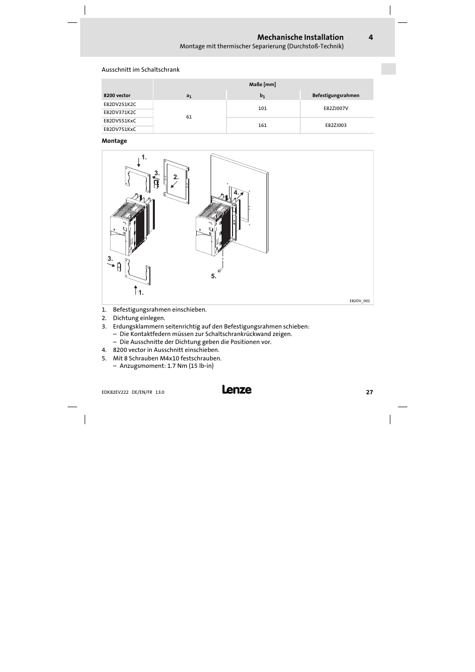 Mechanische installation | Lenze E82EV 8200 vector 0.25kW-2.2kW User Manual | Page 27 / 250