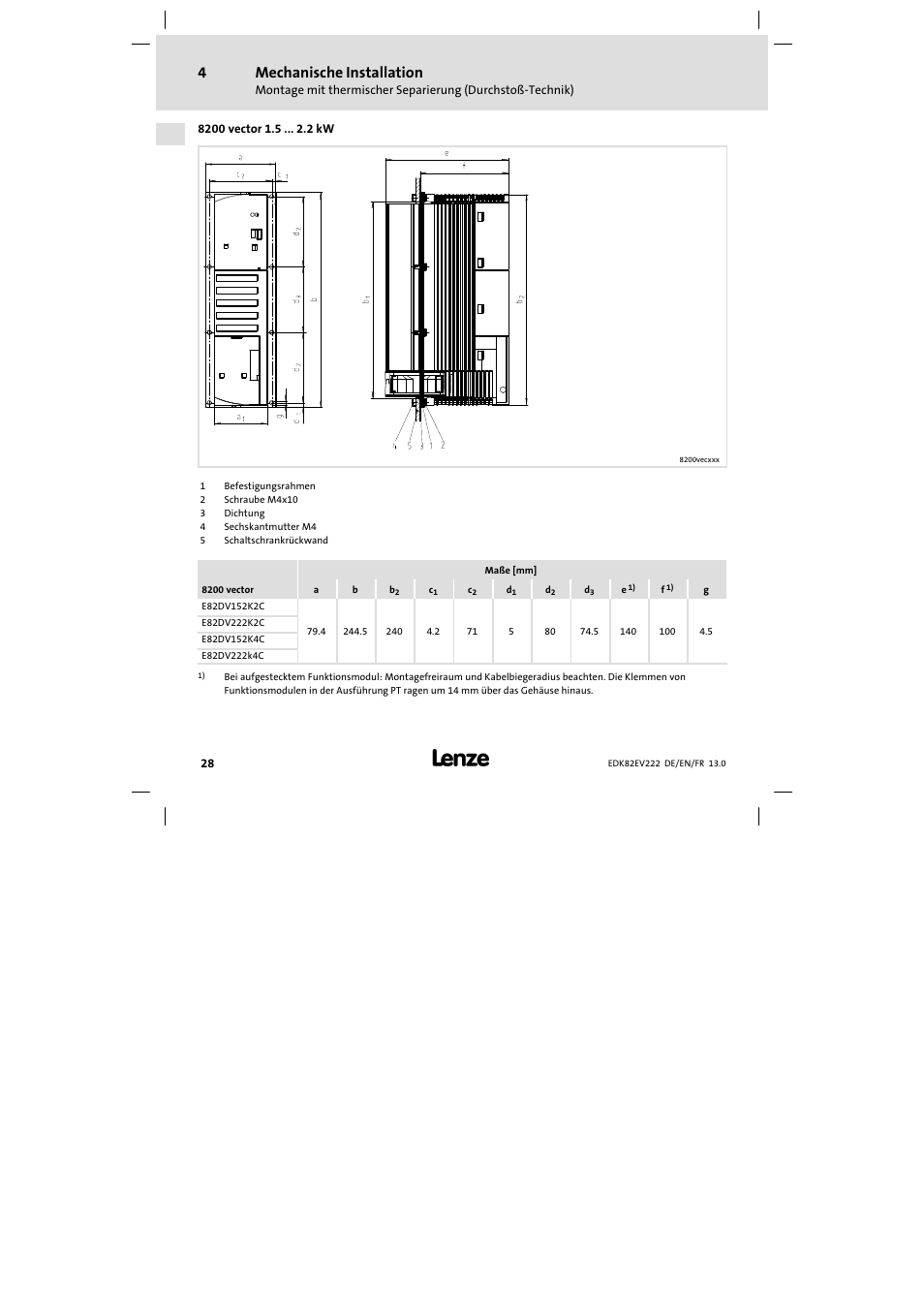 Mechanische installation | Lenze E82EV 8200 vector 0.25kW-2.2kW User Manual | Page 28 / 250
