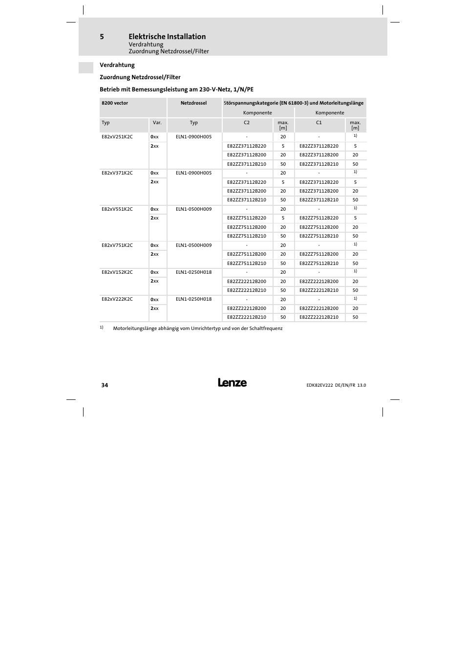 Verdrahtung, Zuordnung netzdrossel/filter, Elektrische installation | Lenze E82EV 8200 vector 0.25kW-2.2kW User Manual | Page 34 / 250