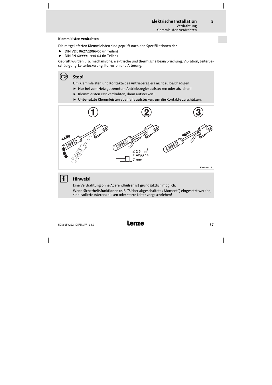 Klemmleisten verdrahten | Lenze E82EV 8200 vector 0.25kW-2.2kW User Manual | Page 37 / 250