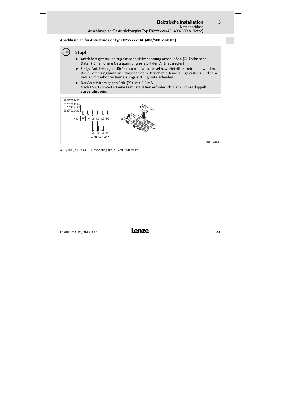 Elektrische installation, Stop | Lenze E82EV 8200 vector 0.25kW-2.2kW User Manual | Page 41 / 250