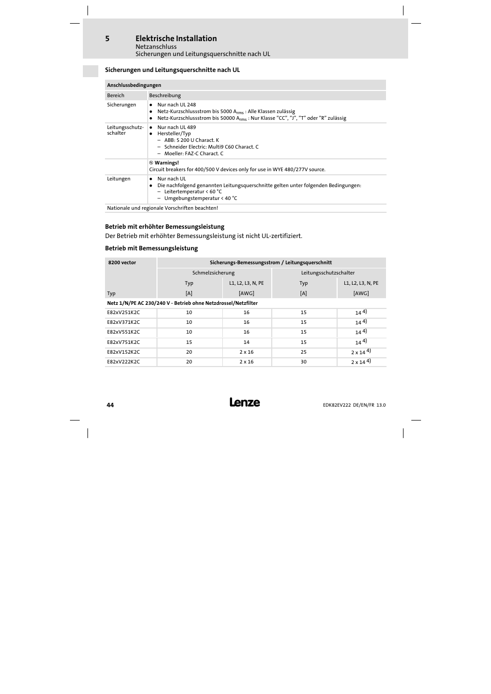 Sicherungen und leitungsquerschnitte nach ul, Elektrische installation | Lenze E82EV 8200 vector 0.25kW-2.2kW User Manual | Page 44 / 250