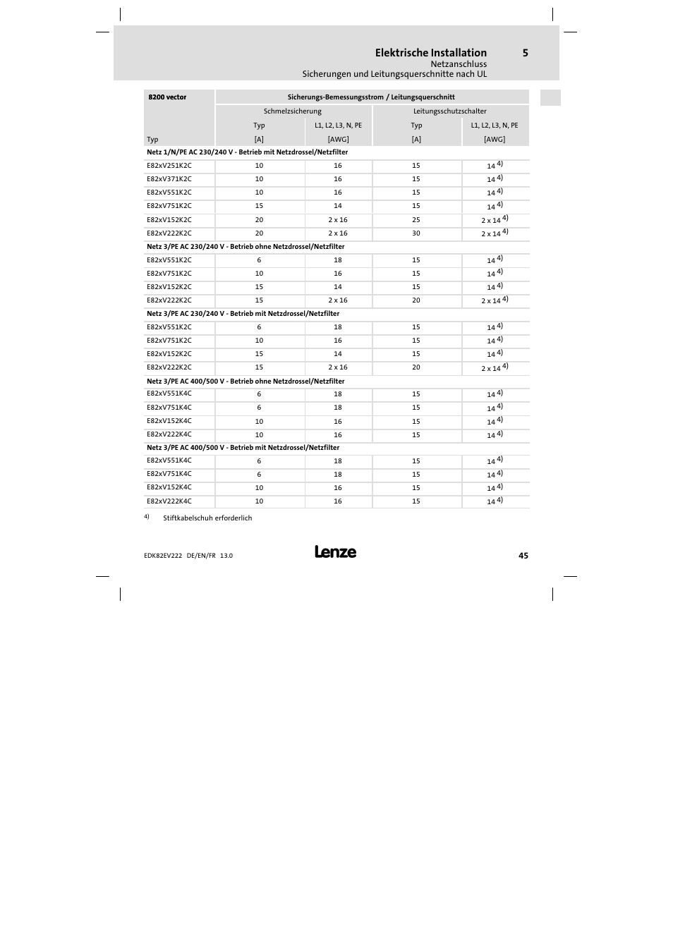 Elektrische installation | Lenze E82EV 8200 vector 0.25kW-2.2kW User Manual | Page 45 / 250