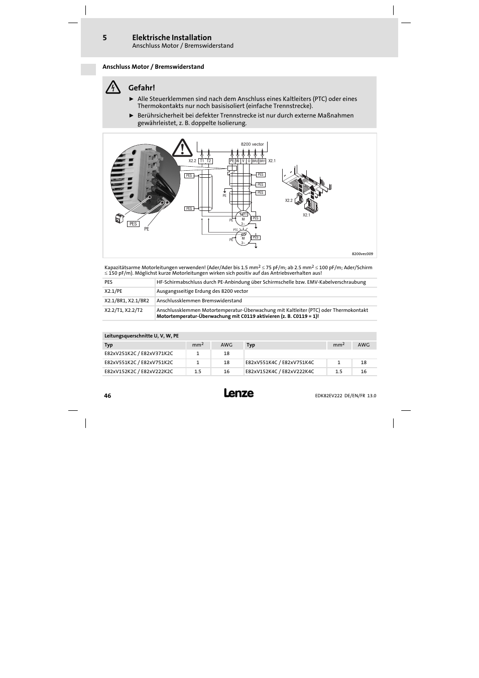 Anschluss motor / bremswiderstand, Elektrische installation, Gefahr | T2 t1 | Lenze E82EV 8200 vector 0.25kW-2.2kW User Manual | Page 46 / 250