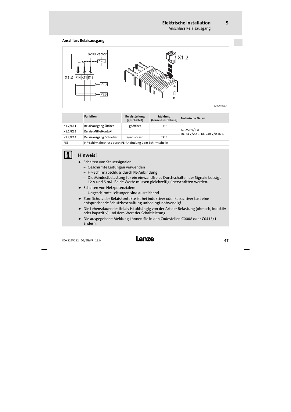 Anschluss relaisausgang, Elektrische installation, Hinweis | Lenze E82EV 8200 vector 0.25kW-2.2kW User Manual | Page 47 / 250