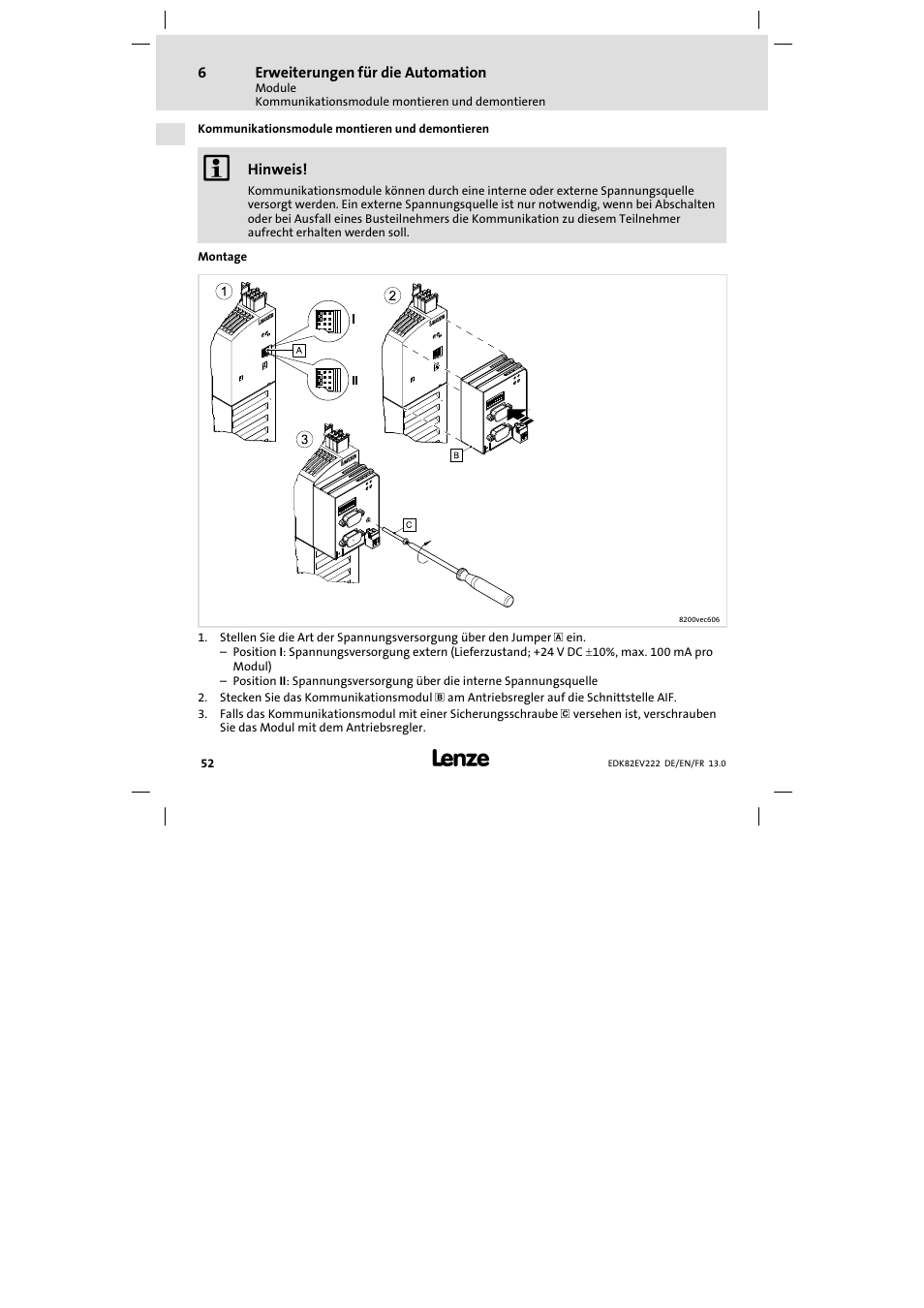 Kommunikationsmodule montieren und demontieren | Lenze E82EV 8200 vector 0.25kW-2.2kW User Manual | Page 52 / 250