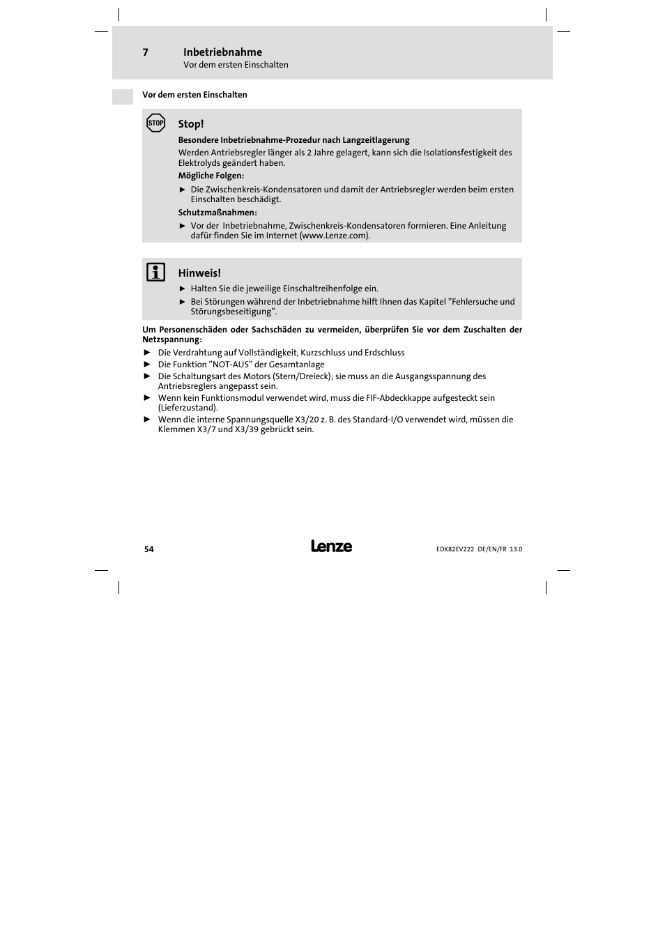 Inbetriebnahme, Vor dem ersten einschalten | Lenze E82EV 8200 vector 0.25kW-2.2kW User Manual | Page 54 / 250