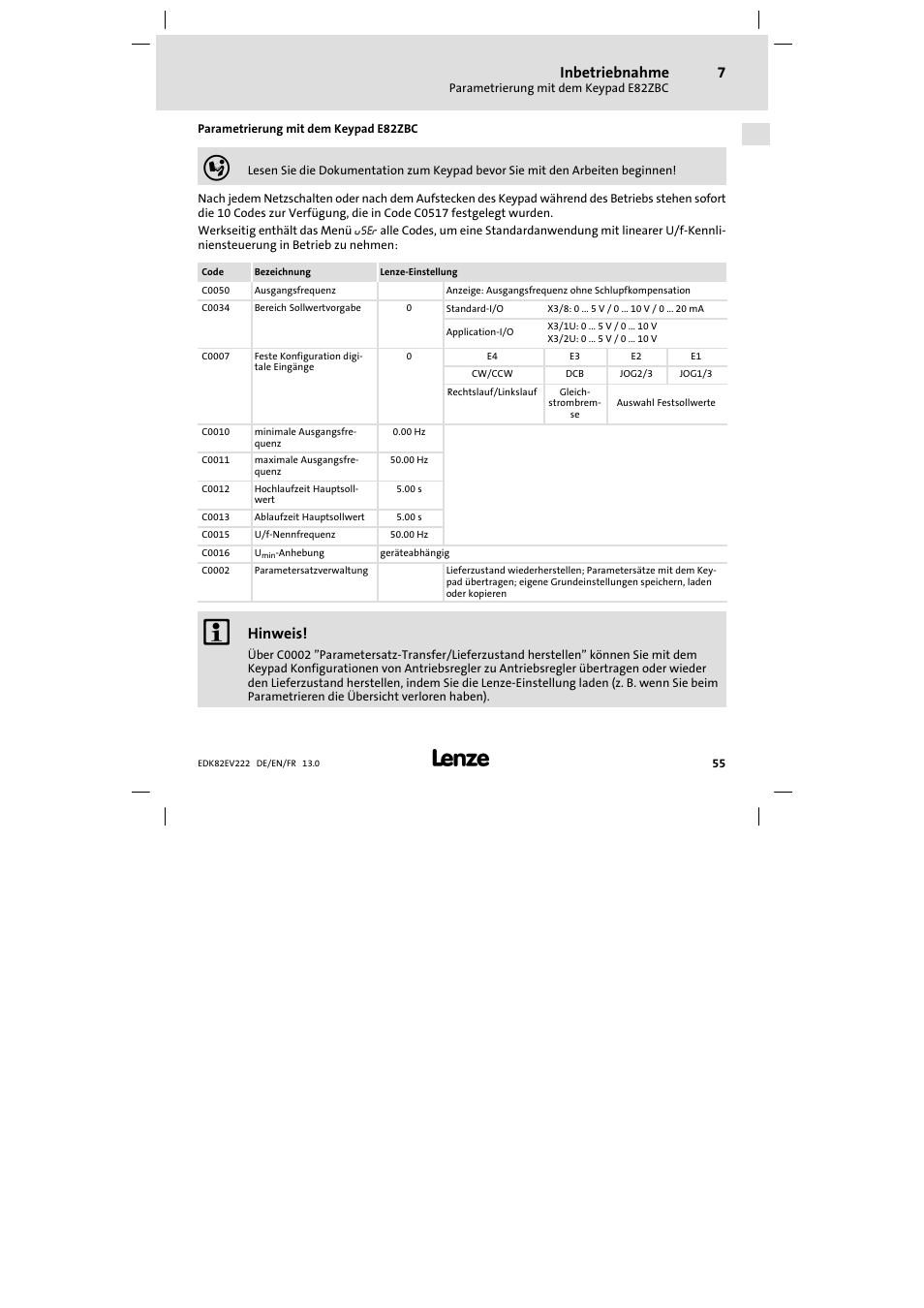 Parametrierung mit dem keypad e82zbc, Inbetriebnahme, Hinweis | Lenze E82EV 8200 vector 0.25kW-2.2kW User Manual | Page 55 / 250