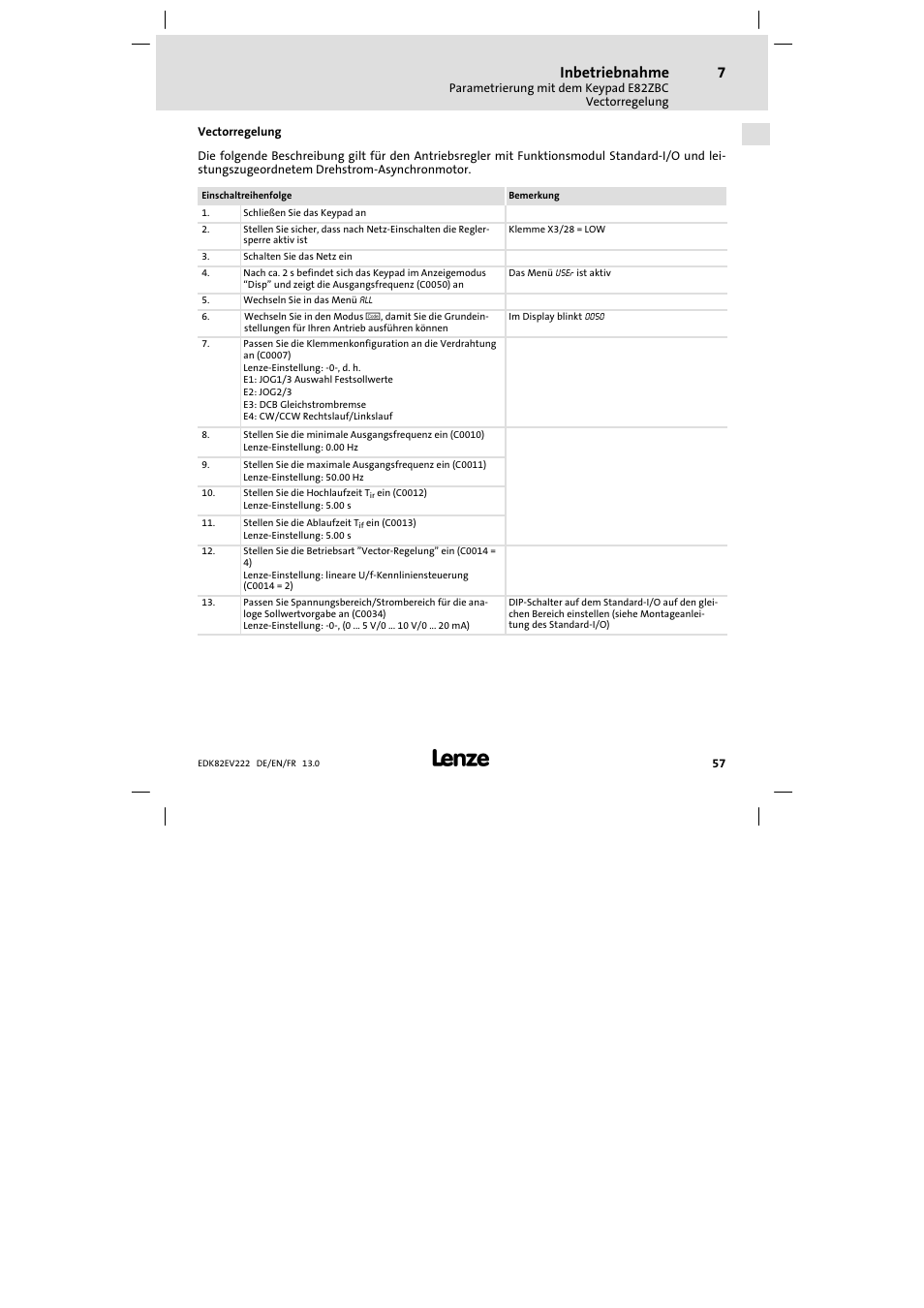 Vectorregelung, Inbetriebnahme | Lenze E82EV 8200 vector 0.25kW-2.2kW User Manual | Page 57 / 250