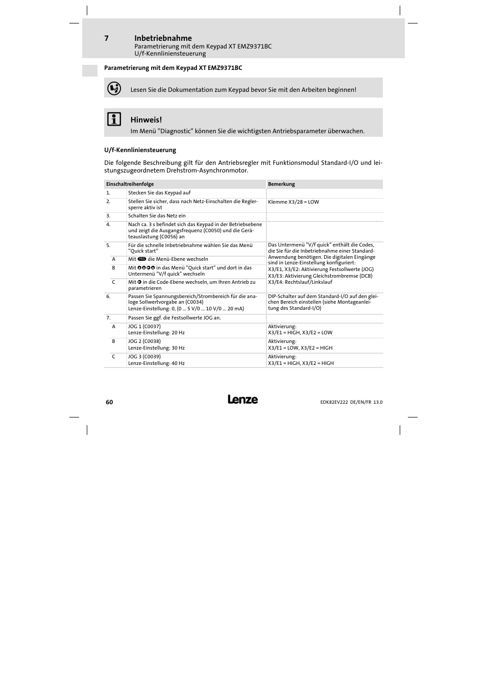 Parametrierung mit dem keypad xt emz9371bc, U/f-kennliniensteuerung, U/f−kennliniensteuerung | Inbetriebnahme, Hinweis | Lenze E82EV 8200 vector 0.25kW-2.2kW User Manual | Page 60 / 250