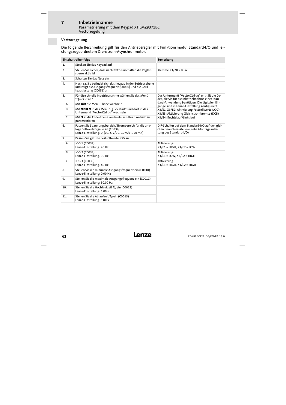 Vectorregelung, Inbetriebnahme | Lenze E82EV 8200 vector 0.25kW-2.2kW User Manual | Page 62 / 250