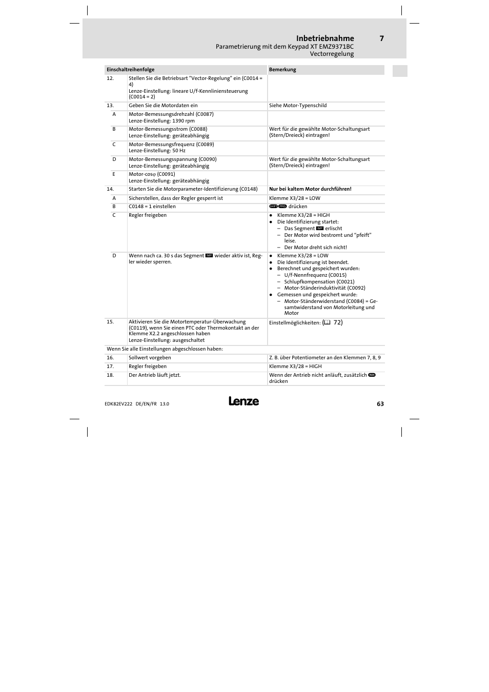Inbetriebnahme | Lenze E82EV 8200 vector 0.25kW-2.2kW User Manual | Page 63 / 250