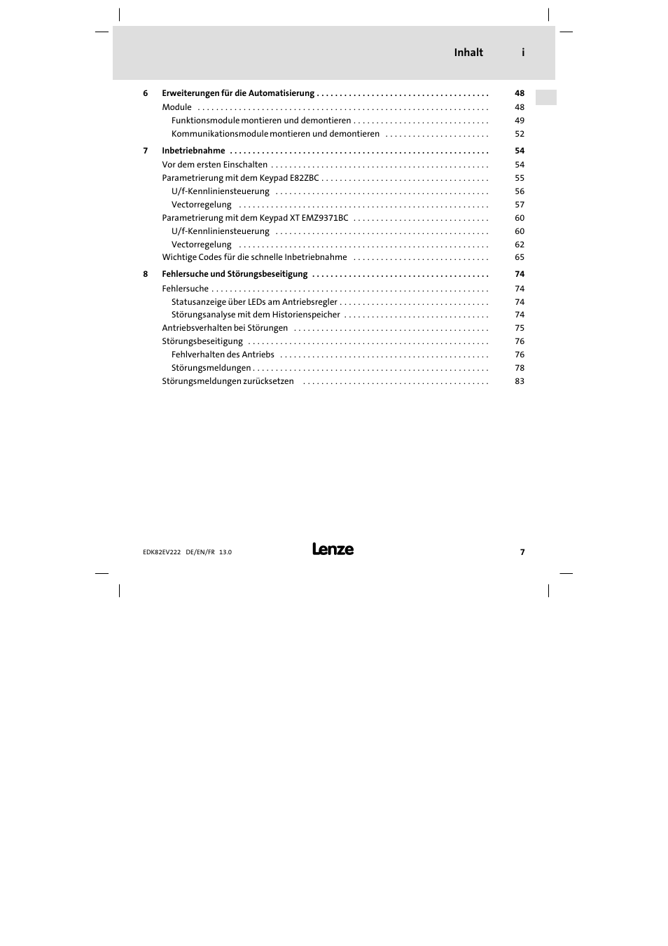 Inhalt i | Lenze E82EV 8200 vector 0.25kW-2.2kW User Manual | Page 7 / 250