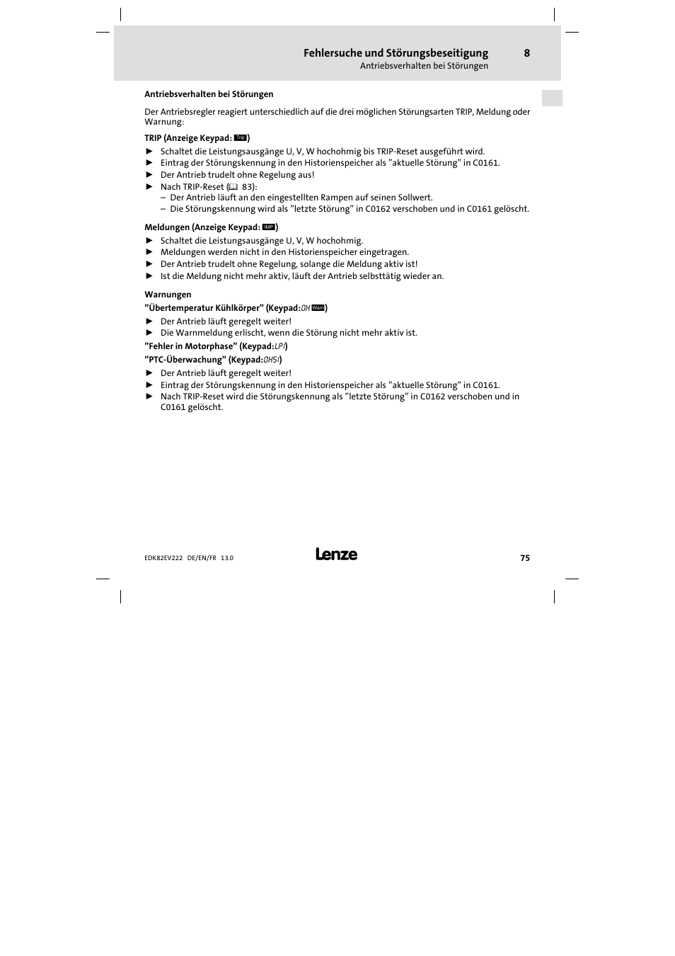 Antriebsverhalten bei störungen | Lenze E82EV 8200 vector 0.25kW-2.2kW User Manual | Page 75 / 250
