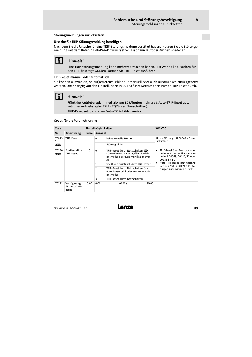 Störungsmeldungen zurücksetzen, Fehlersuche und störungsbeseitigung, Hinweis | Lenze E82EV 8200 vector 0.25kW-2.2kW User Manual | Page 83 / 250