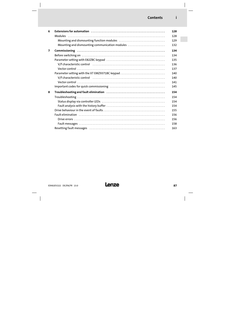 Contents i | Lenze E82EV 8200 vector 0.25kW-2.2kW User Manual | Page 87 / 250