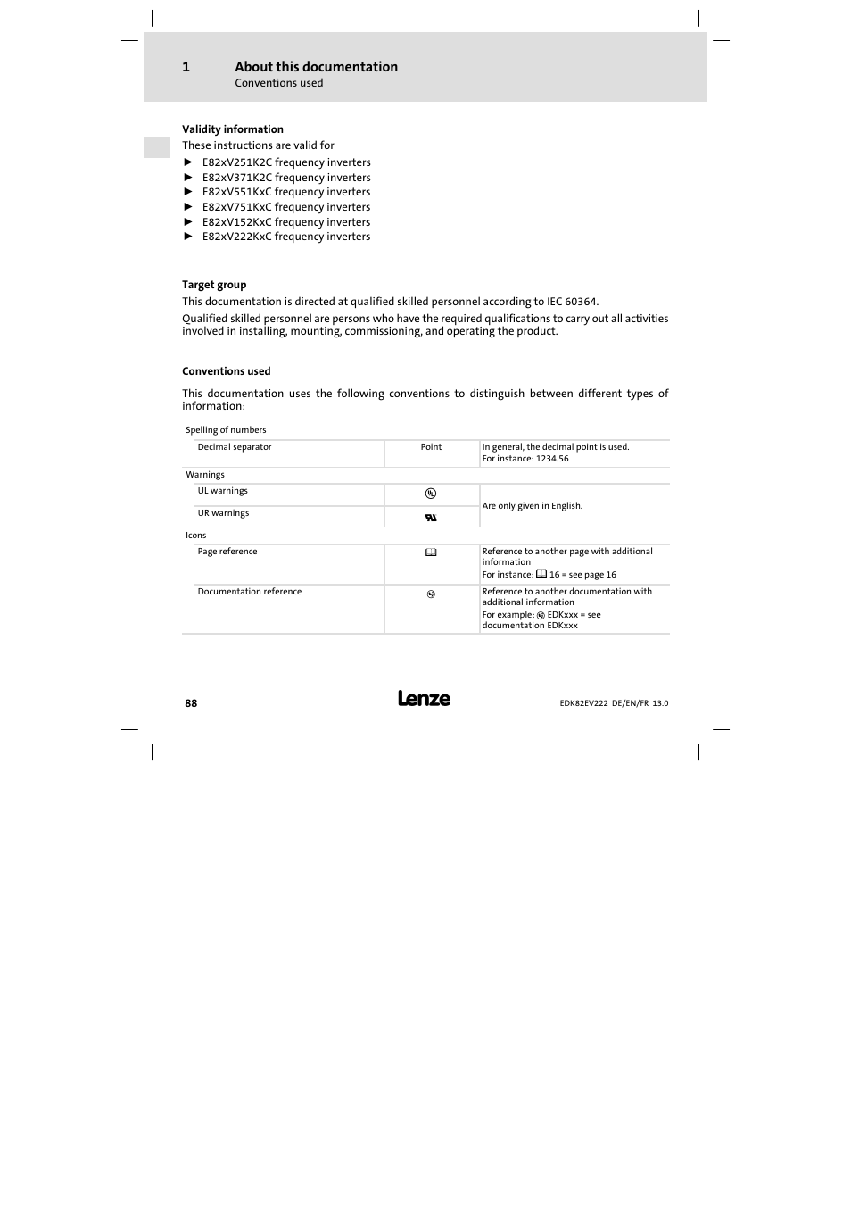 About this documentation, Conventions used | Lenze E82EV 8200 vector 0.25kW-2.2kW User Manual | Page 88 / 250