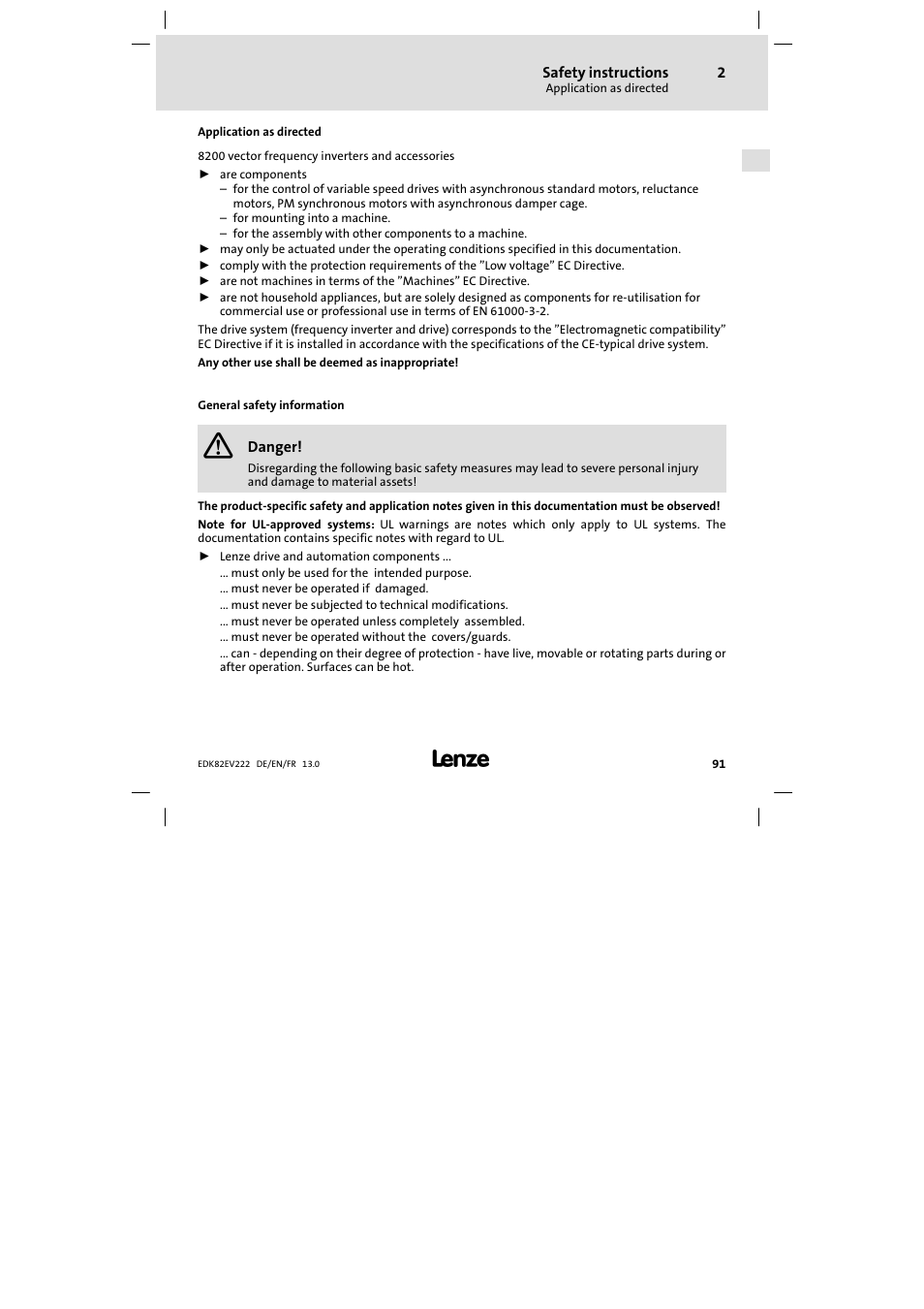 Safety instructions, Application as directed, General safety information | Lenze E82EV 8200 vector 0.25kW-2.2kW User Manual | Page 91 / 250