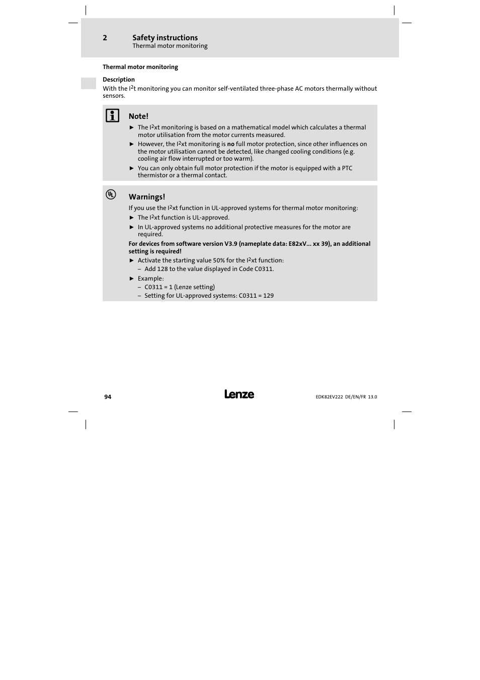 Thermal motor monitoring | Lenze E82EV 8200 vector 0.25kW-2.2kW User Manual | Page 94 / 250