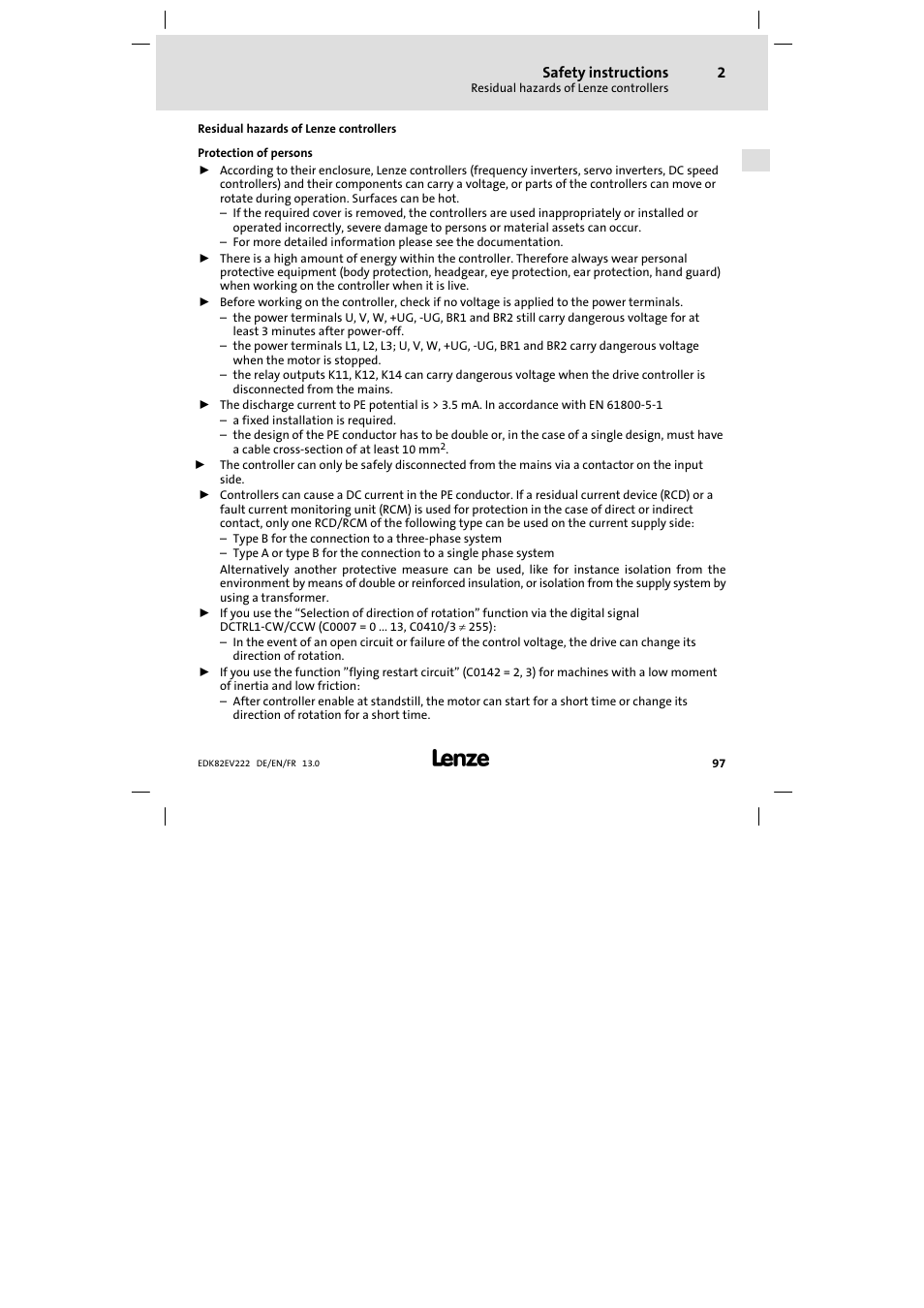 Residual hazards of lenze controllers | Lenze E82EV 8200 vector 0.25kW-2.2kW User Manual | Page 97 / 250