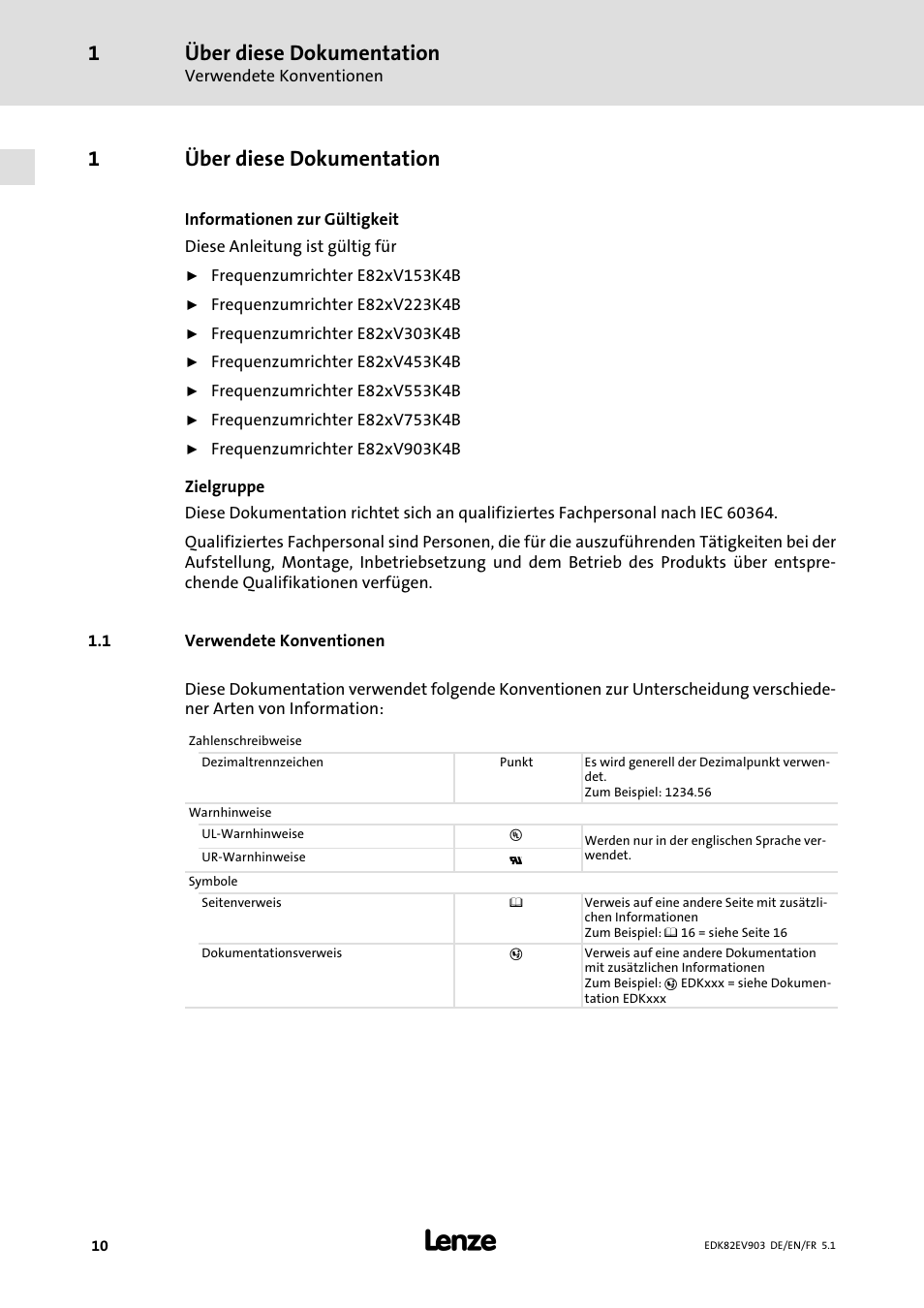 Über diese dokumentation, Verwendete konventionen, 1über diese dokumentation | Lenze E82EV 8200 vector 15kW-90kW User Manual | Page 10 / 288
