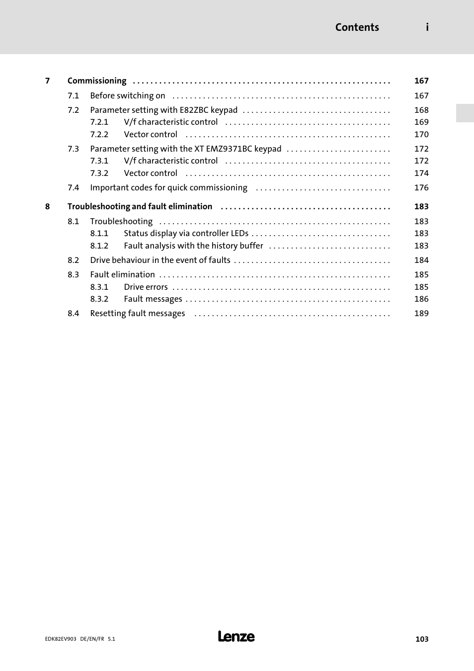 Contents i | Lenze E82EV 8200 vector 15kW-90kW User Manual | Page 103 / 288
