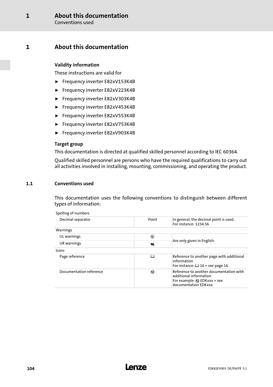 About this documentation, Conventions used, 1about this documentation | Lenze E82EV 8200 vector 15kW-90kW User Manual | Page 104 / 288