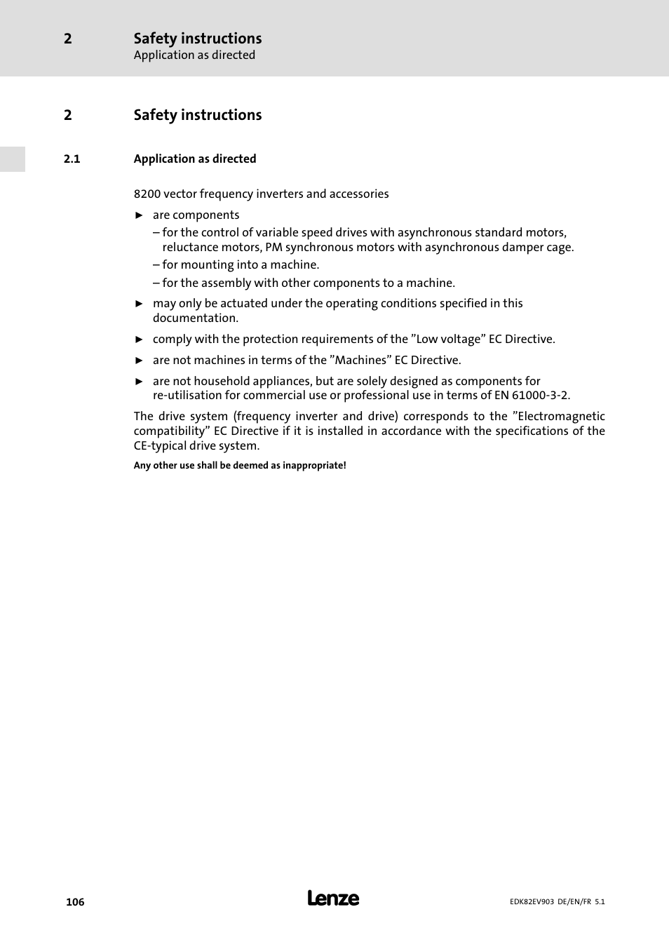 Safety instructions, Application as directed, 2safety instructions | Lenze E82EV 8200 vector 15kW-90kW User Manual | Page 106 / 288