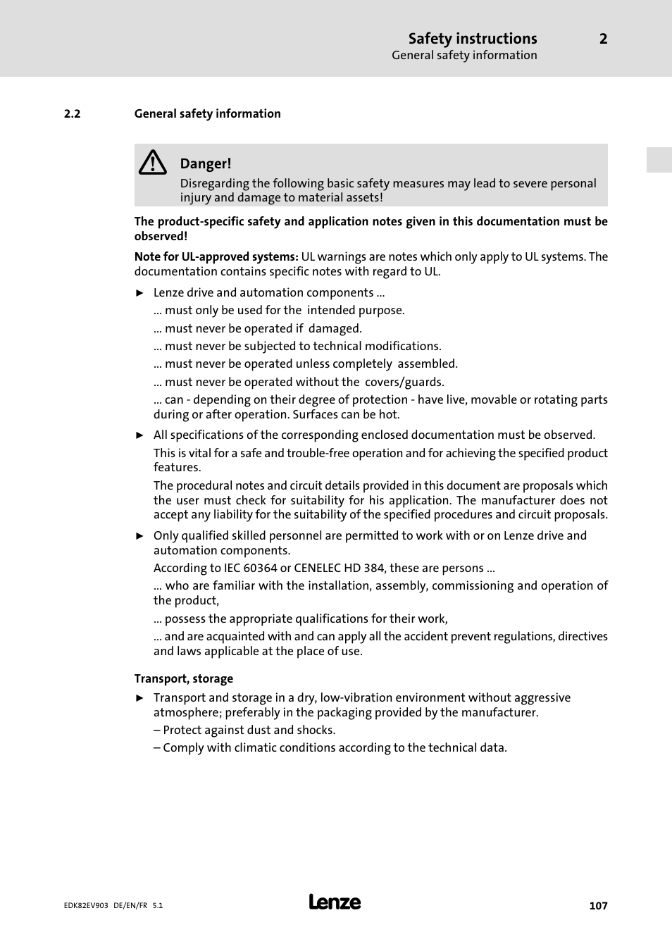 General safety information | Lenze E82EV 8200 vector 15kW-90kW User Manual | Page 107 / 288