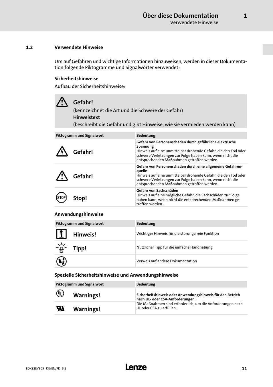 Verwendete hinweise | Lenze E82EV 8200 vector 15kW-90kW User Manual | Page 11 / 288