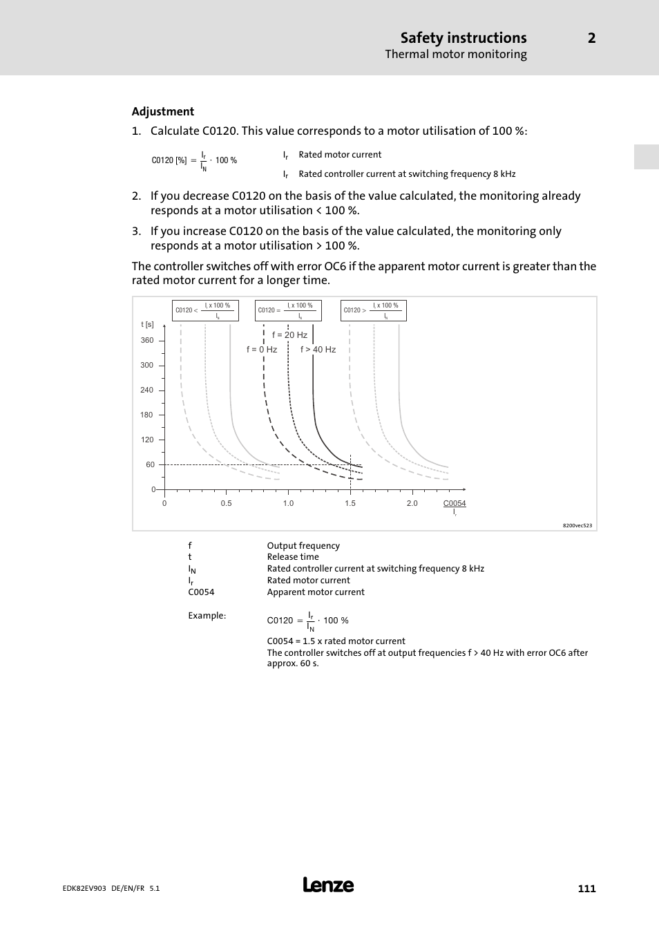 Safety instructions, Thermal motor monitoring | Lenze E82EV 8200 vector 15kW-90kW User Manual | Page 111 / 288