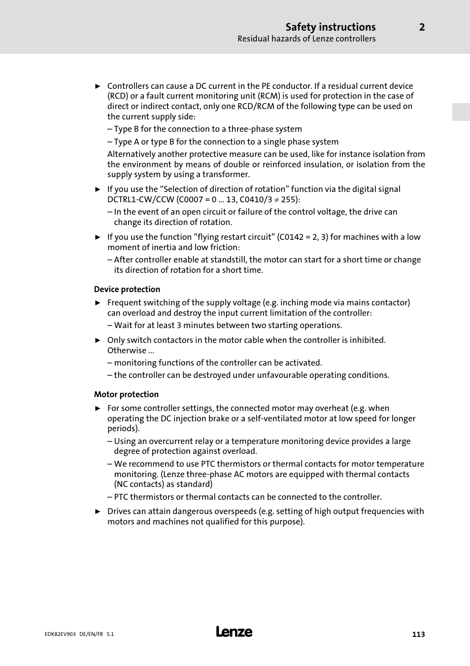 Safety instructions | Lenze E82EV 8200 vector 15kW-90kW User Manual | Page 113 / 288