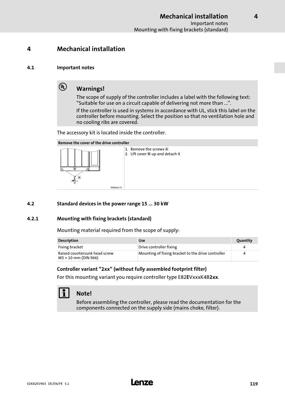 Mechanical installation, Important notes, Standard devices in the power range 15 kw | Mounting with fixing brackets (standard), 4mechanical installation | Lenze E82EV 8200 vector 15kW-90kW User Manual | Page 119 / 288