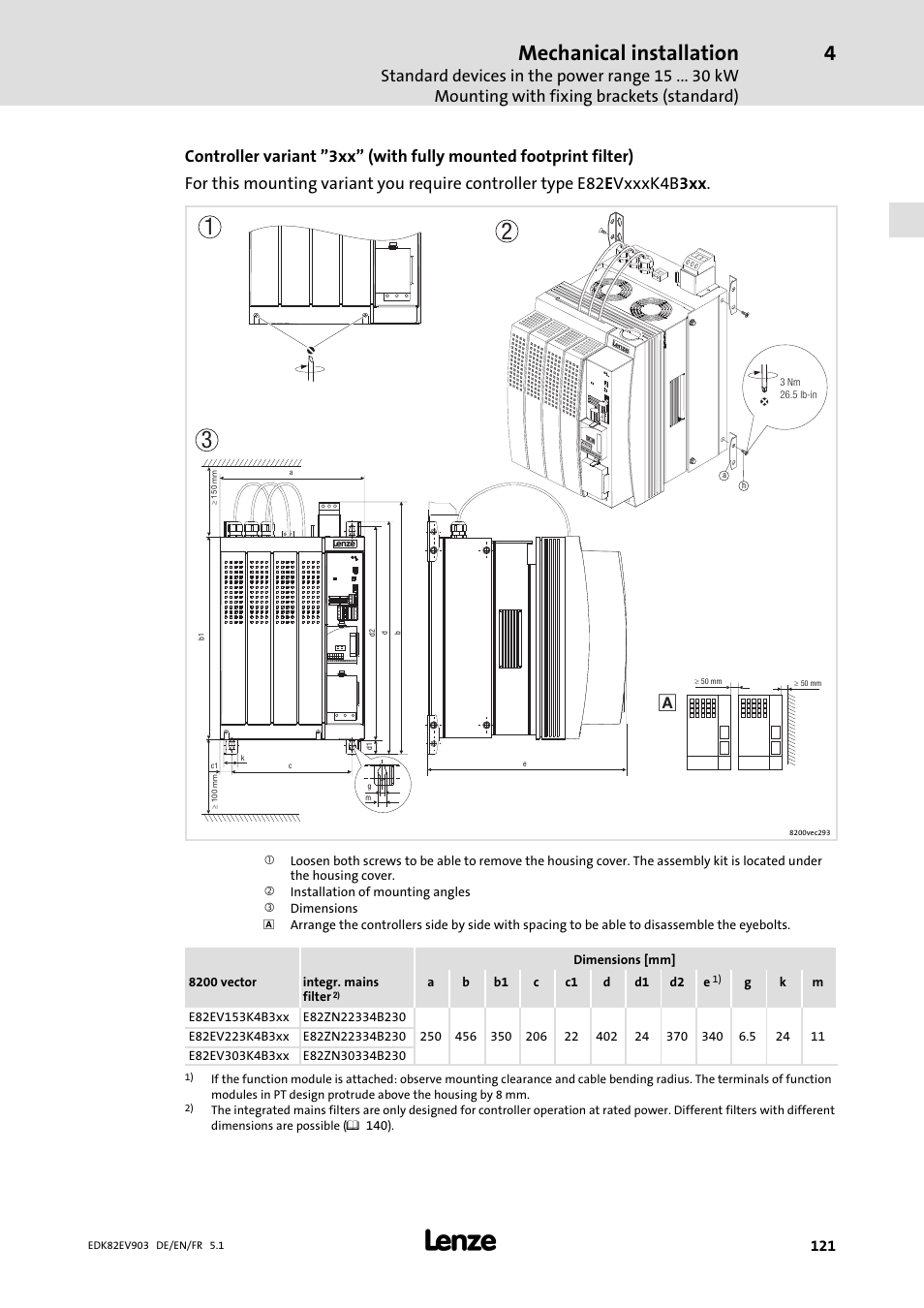 Mechanical installation | Lenze E82EV 8200 vector 15kW-90kW User Manual | Page 121 / 288