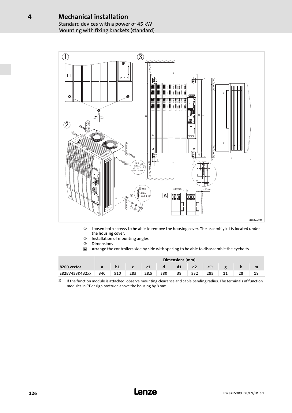 Mechanical installation | Lenze E82EV 8200 vector 15kW-90kW User Manual | Page 126 / 288