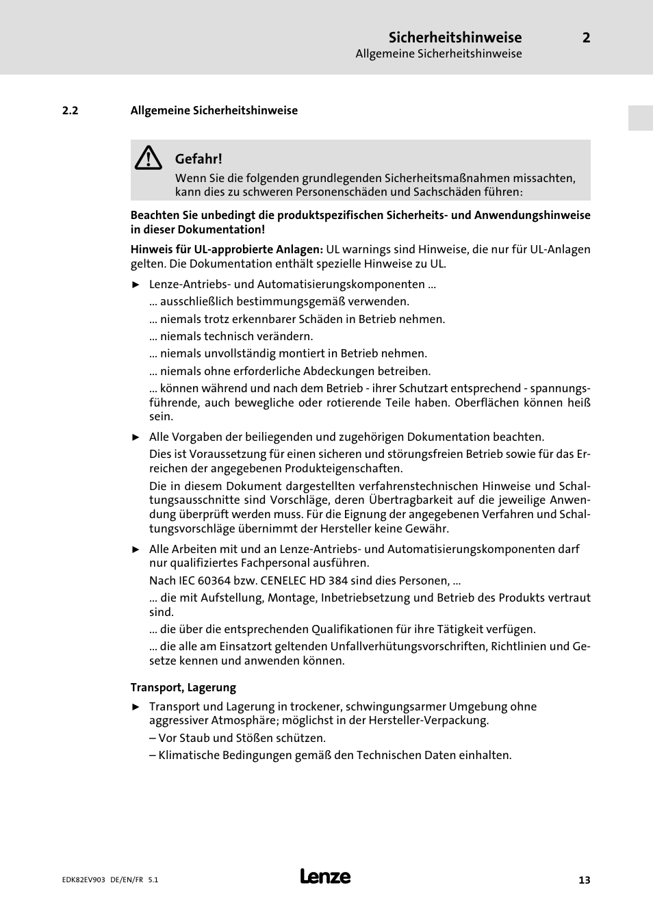Allgemeine sicherheitshinweise | Lenze E82EV 8200 vector 15kW-90kW User Manual | Page 13 / 288