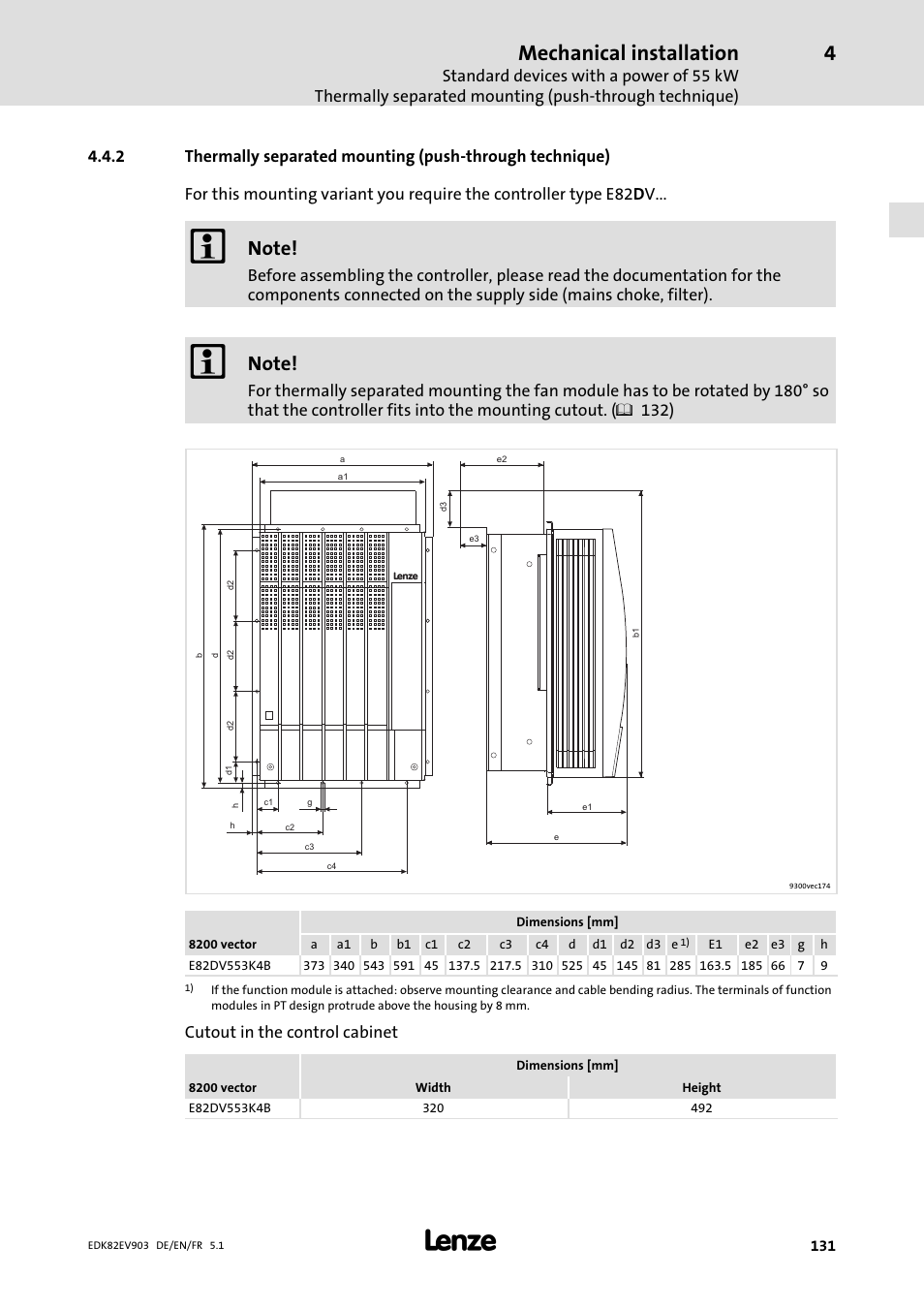 Mechanical installation | Lenze E82EV 8200 vector 15kW-90kW User Manual | Page 131 / 288