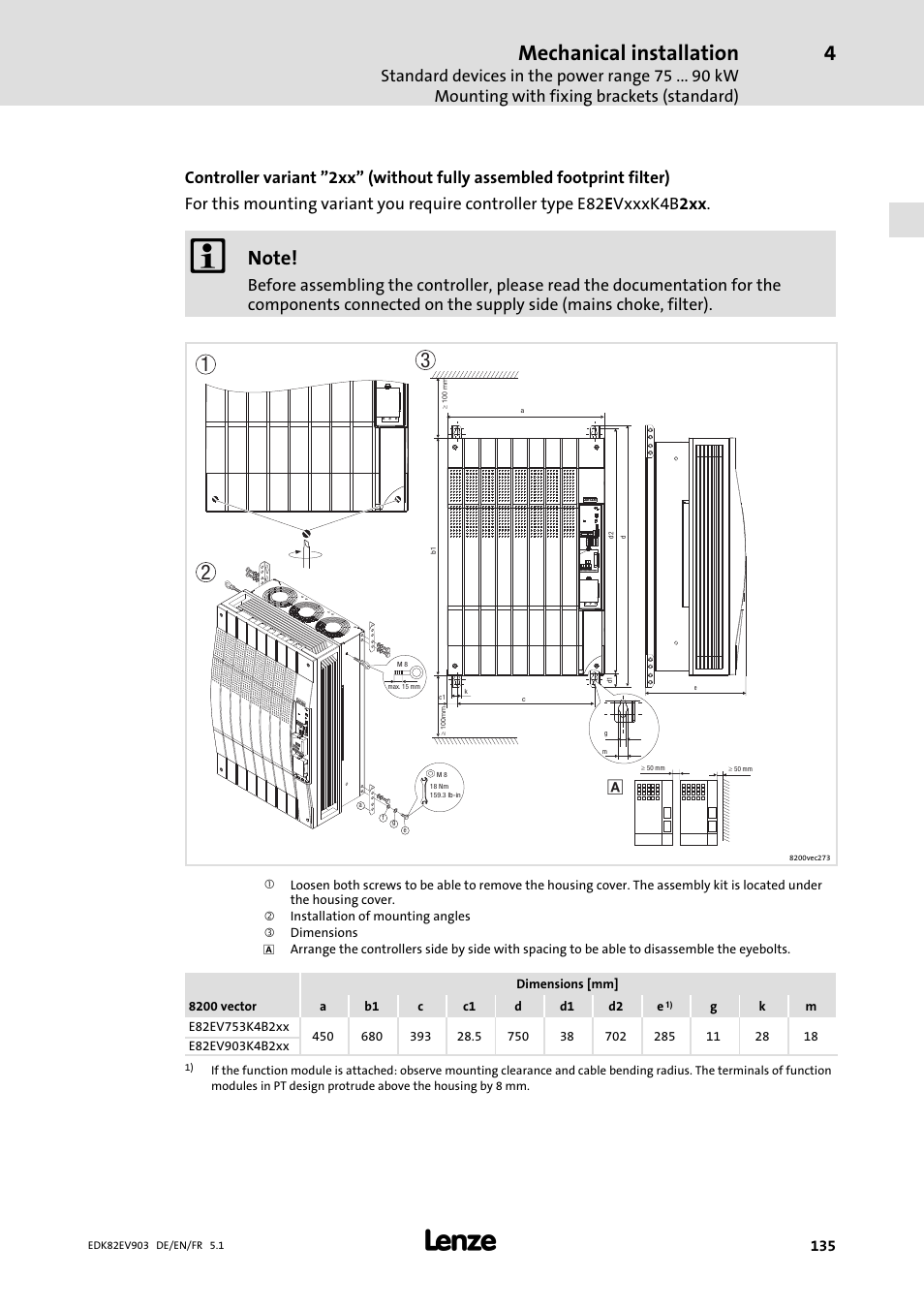 Mechanical installation | Lenze E82EV 8200 vector 15kW-90kW User Manual | Page 135 / 288