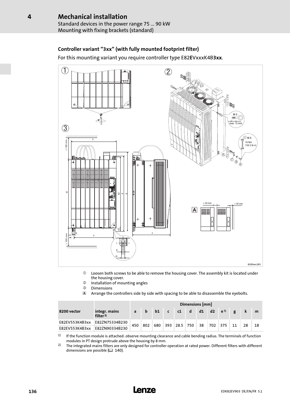 Mechanical installation | Lenze E82EV 8200 vector 15kW-90kW User Manual | Page 136 / 288
