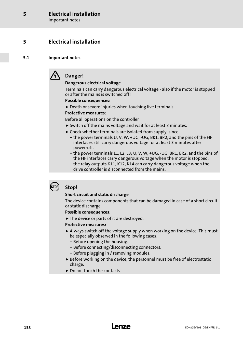 Electrical installation, Important notes | Lenze E82EV 8200 vector 15kW-90kW User Manual | Page 138 / 288
