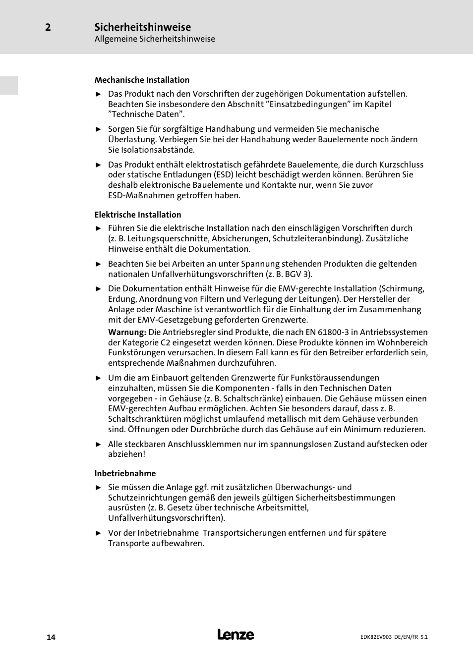 Sicherheitshinweise | Lenze E82EV 8200 vector 15kW-90kW User Manual | Page 14 / 288